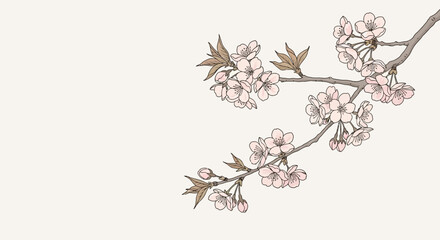 Delicate Cherry Blossom Branch with Soft Pink Flowers and Subtle Leaves on a Cream Background
