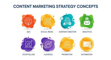 Content Marketing Strategy Concepts with Icons for SEO, Social Media, and Analytics