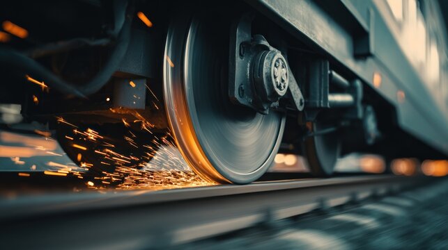 Close up of train wheel grinding sparks on track industrial transportation