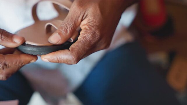 Artisan finishing leather sandal strap with careful smoothing and polish, closeup hands checking fit, edge burnish, tactile inspection and final product presentation in intimate studio setting