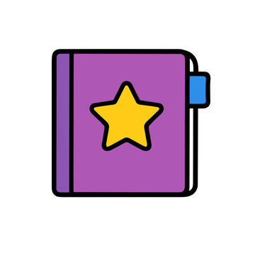 Purple notebook or diary with a yellow star emblem and blue bookmark, designed as a cute stationery icon for journaling, planning, school notes and study organization.