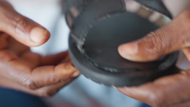 Closeup black hands shaping sole, pressing rubber insert against leather base, focused artisan technique, visible texture, warm workshop lighting, patient craftsmanship and precision
