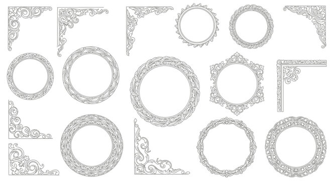 Collection of elegant ornamental frames and decorative corner elements in a classic, intricate style, perfect for graphic design
