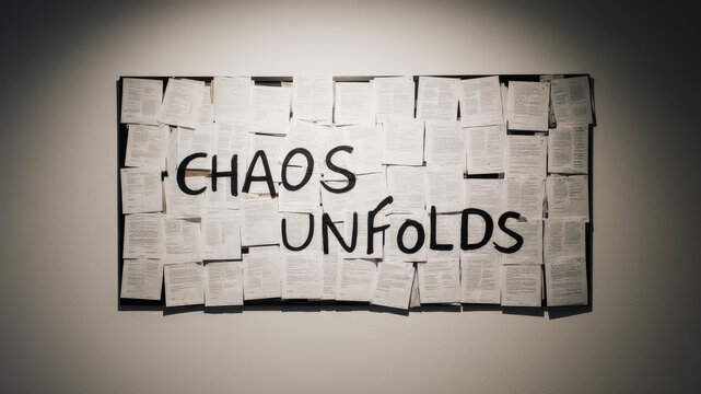Text chaos unfolds on textured surface symbolizing emerging disorder unpredictable events and gradual breakdown of structured systems