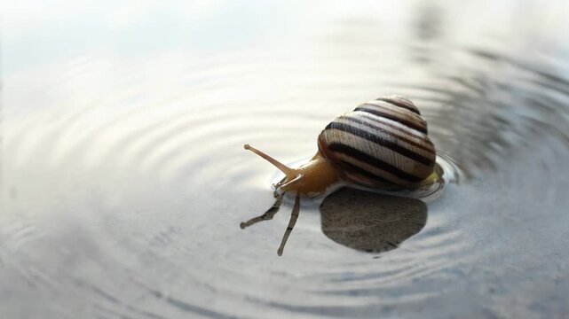 Striped snail crawling in calm water creating ripples with its antennas and reflection