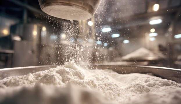 Fine white powder sifts from a mechanical dispenser into a metal basin