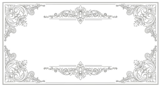 Elegant vintage ornate border and corner decorations, classic scrollwork with floral motifs in a white background, perfect for invitations, frames, and decorative elements