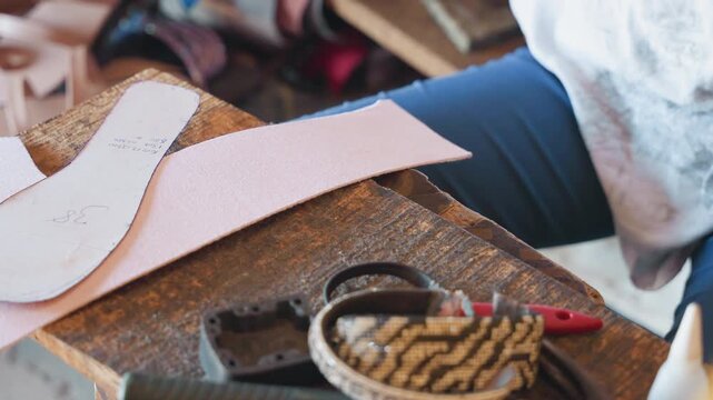 Black artisan assembles leather sandals on workbench, placing sleek black strap over cushioned sole, bead tray and glue visible, warm natural light, steady hands shaping finished pair, cozy market