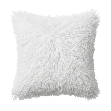 A soft and fluffy white decorative square throw pillow with a long textured shag style fabric isolated on transparent background