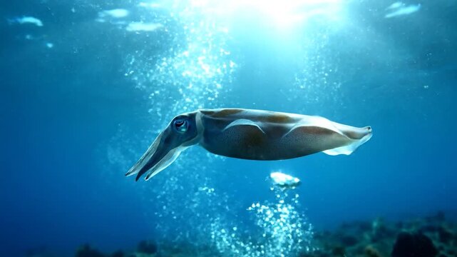 A solitary cephalopod swims gracefully through the clear blue ocean water, illuminated by bright sunlight filtering from above