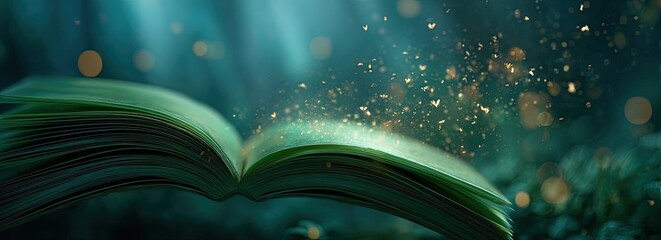 An open book emits golden particles into a mystical, moonlit forest © Wahid