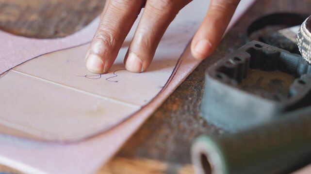 Black shoemaker marks leather insole with awl and chalk, tracing stitching line and punching guide holes, closeup of steady fingers and vintage punch tool, precise measurement, quiet studio focus