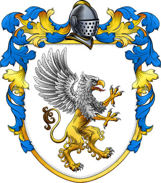 A Griffin or Gryphon coat of arms or crest family heraldry medieval heraldic animal knight shield. With helmet and acanthus filigree scroll ornament in a vintage woodcut style.