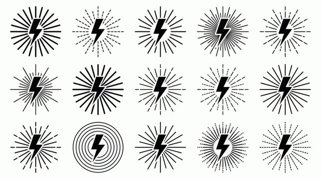 Collection of fifteen black lightning bolt icons with various sunburst line patterns and circular ray shapes on white background, concept for energy logo, power branding and electrical warning