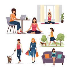 Fototapeta premium Woman Lifestyle Collage: Work, Yoga, Walking Dog, Shopping, Reading