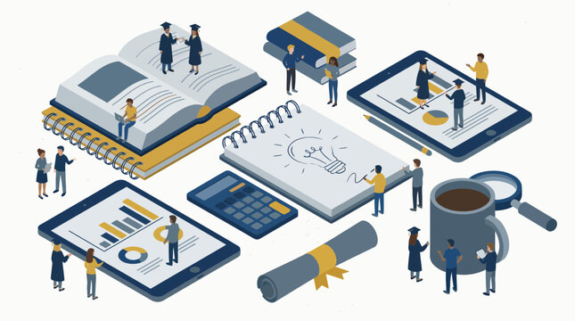 Isometric academic advisors and analysts working with tablets, books and lightbulb sketches on white background, concept for online education, career strategy and corporate training