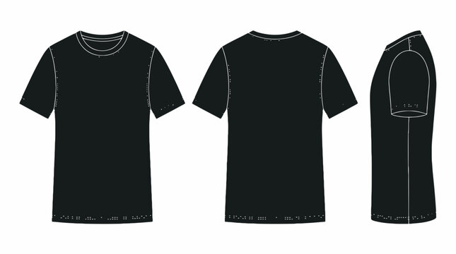 Black t-shirt technical mockup showing front back and side views on a white background, concept for clothing brand design, apparel product presentation and fashion merchandise marketing