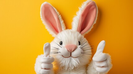Cheerful easter bunny mascot costume giving thumbs up on yellow background for celebrations