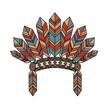Native American Headdress with Colorful Feathers, Tribal Pattern, Isolated on White