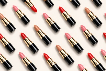 Obraz premium Assortment of elegant lipsticks in various shades arranged in a repeating pattern