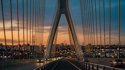 Fototapeta premium Contemporary cable-stayed bridge with vehicle traffic at sunset. Modern urban infrastructure and transportation concept for city commuting.