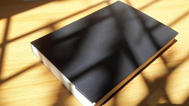 Black Notebook On Wooden Desk Under Warm Afternoon Sunlight And Soft Leaf Shadows