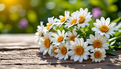 Fototapeta premium Wildflowers Natural Sunlight Rustic Wooden Surface