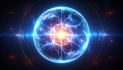 Fototapeta premium Abstract background with glowing circles and light waves featuring a blue plasma sphere and fractal energy lines on a black science technology backdrop