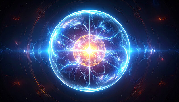 Abstract background with glowing circles and light waves featuring a blue plasma sphere and fractal energy lines on a black science technology backdrop