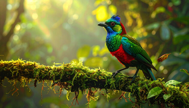 A colorful blue and yellow macaw Ara ararauna perches on a tropical tree branch alongside a red green-winged macaw in the wild nature of an exotic avian wildlife habitat