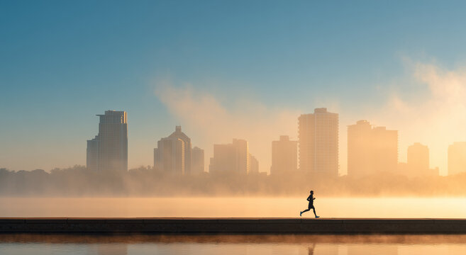 man jogging in city park at sunrise with copy space. Morning walk concept.