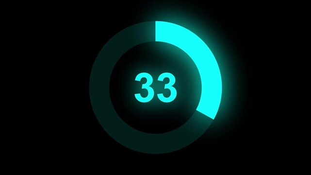 Abstract numerical counting from 0 to 33. Countdown timer from 0 to 33 seconds real time. Modern flat design of countdown animation. Circular progress bar.