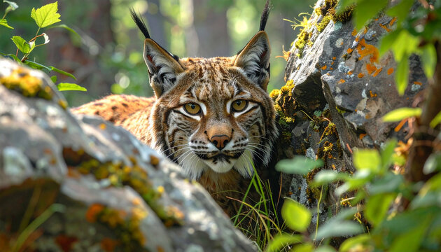 A striking portrait of a wild Bengal tiger, leopard, and feline lynx captures the fierce eyes and fur of these predatory mammals as they hunt through the nature of a forest