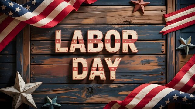 Labor day celebration with american flags and stars on a rustic wooden background for holiday decoration