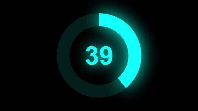 Abstract numerical counting from 0 to 39. Countdown timer from 0 to 39 seconds real time. Modern flat design of countdown animation. Circular progress bar.