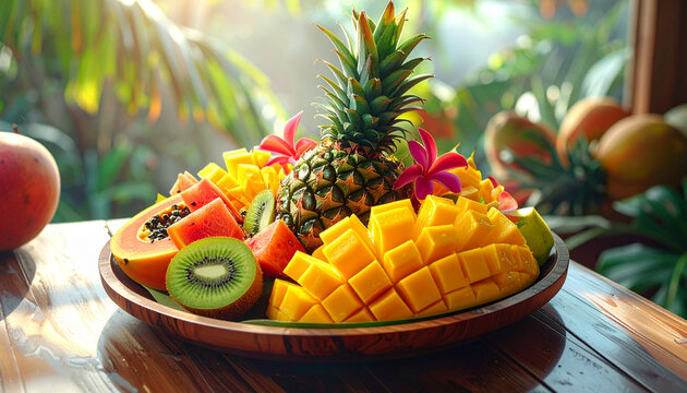 A colorful mix of fresh tropical fruits including pineapple, banana, and citrus lemon isolated on a white table for a healthy natural diet still life