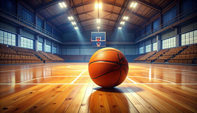 An orange basketball ball flies through the hoop into the basket on a wooden court floor during a competitive sports game in an empty gym