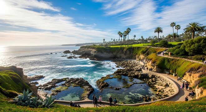 Beautiful coastal landscape featuring tide pools and a walking path along the ocean cliffs