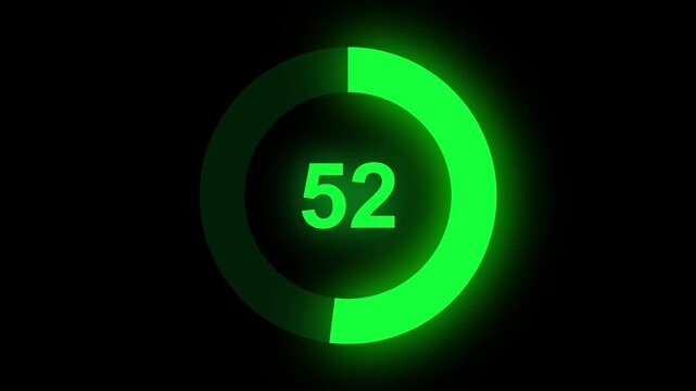 Abstract numerical counting from 0 to 52. Countdown timer from 0 to 52 seconds real time. Modern flat design of countdown animation. Circular progress bar.