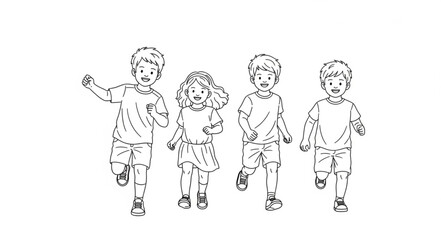 Naklejka premium Children Running Together in a Line Sketch.