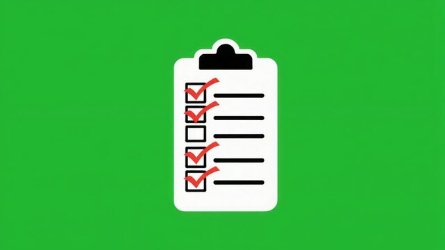 White clipboard with a checklist showing multiple red checkmarks and one unchecked item on a vibrant green background.