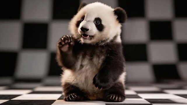 Panda cub standing with paws raised on a black and white checkered floor, suitable for animal-themed projects, children's media, website design, and marketing.