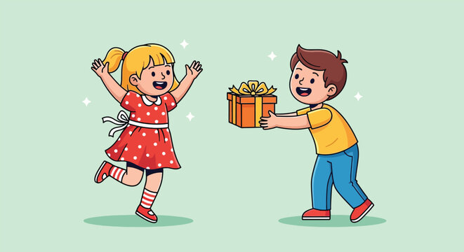 Boy Giving Gift to Excited Girl.