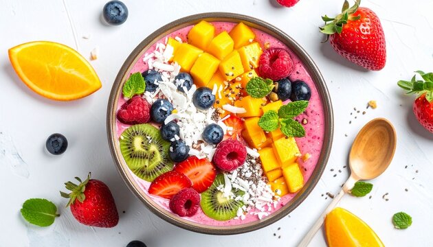 A gourmet dish of fresh fruit salad with strawberries served on a healthy vegetarian plate for a fresh diet meal