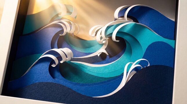 3D paper craft ocean waves with sunlight