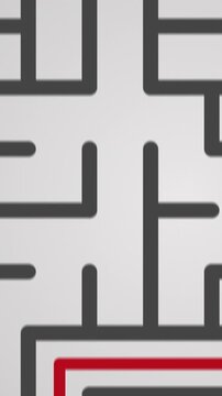 top view of a maze with a red line that show the solution, 2d flat style, vertical video