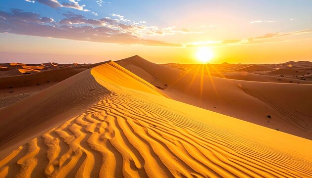 Golden sunset and sunrise over the Sahara desert sand dunes create a hot orange horizon in this arid Moroccan landscape adventure