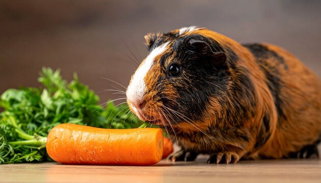 An adorable brown and white domestic guinea pig cavy sits in the green garden grass as a cute furry pet rodent portrait