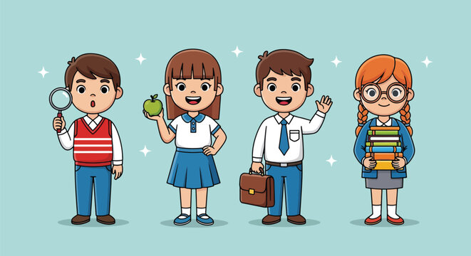 Diverse group of cartoon students holding school supplies.