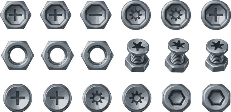 High resolution metallic screw heads, nuts, and bolts collection arranged in grid format showcasing diverse fastener types for construction and engineering